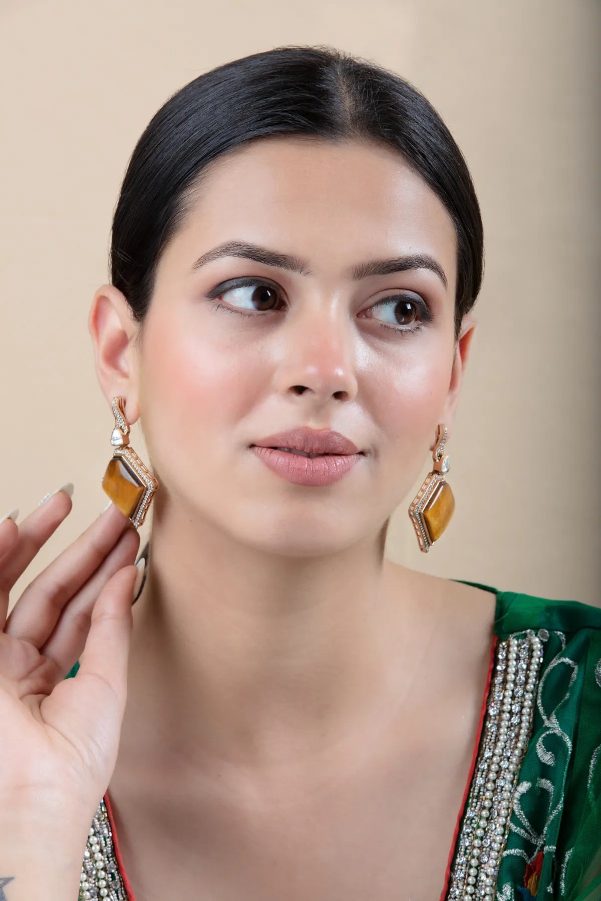 Mustard Yellow Drop Earrings | Diamond Stone & Gold Border