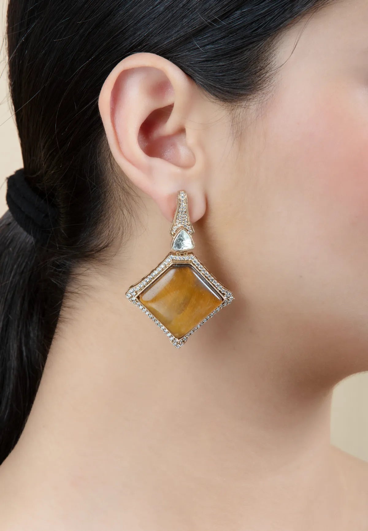 Mustard Yellow Drop Earrings | Diamond Stone & Gold Border