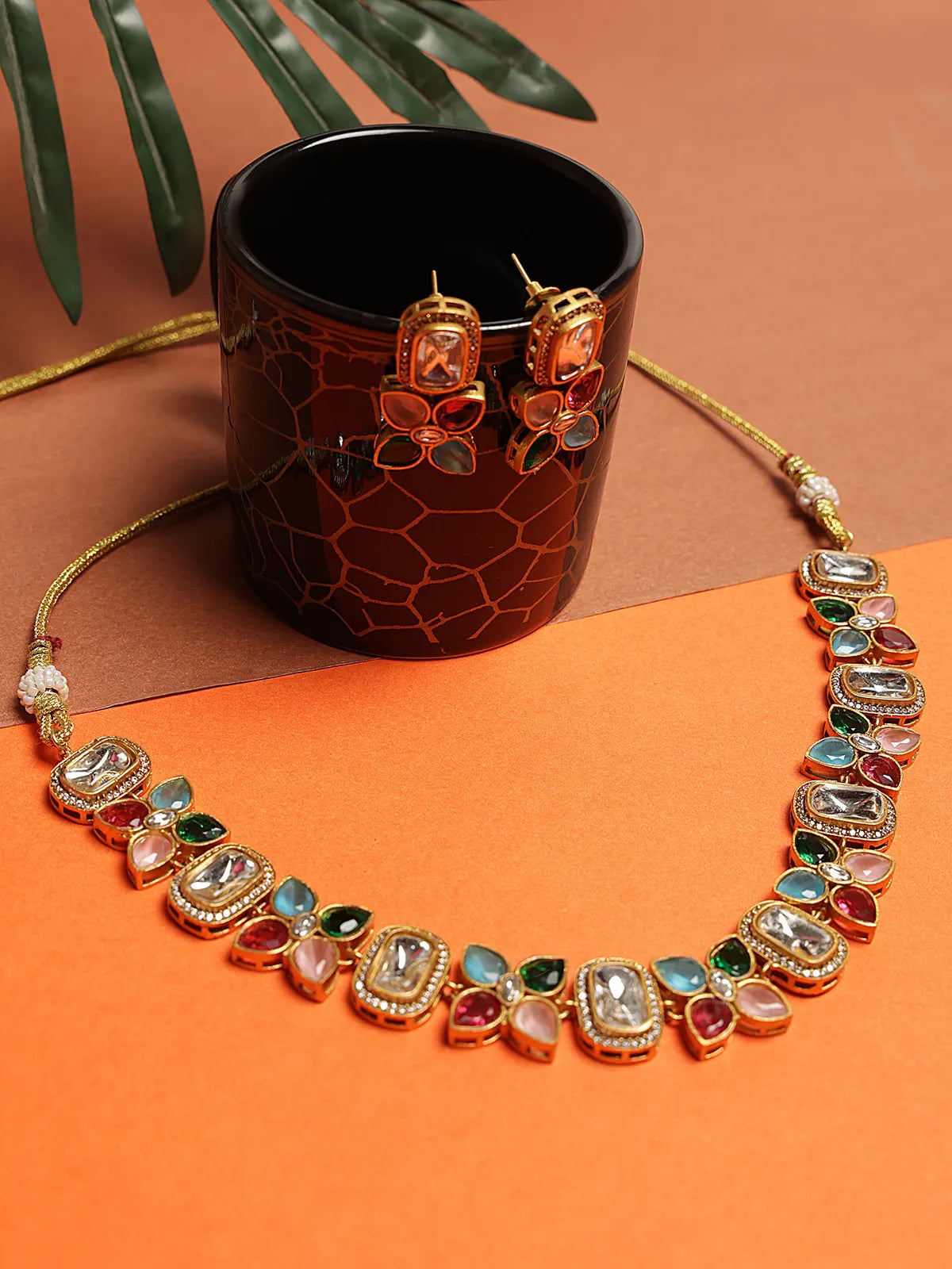 Multicolour Stone Choker Set with Earrings | Kundan Style Jewelry