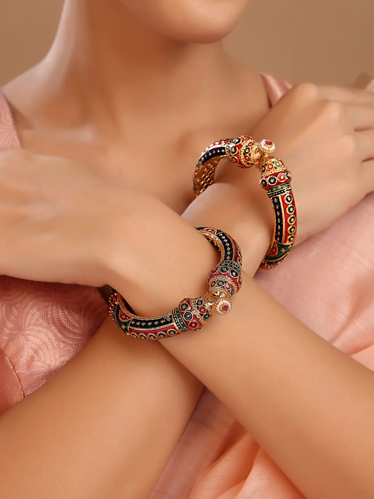 Traditional Meenakari Gold-Plated Kada with Multicolor Enamel Detailing