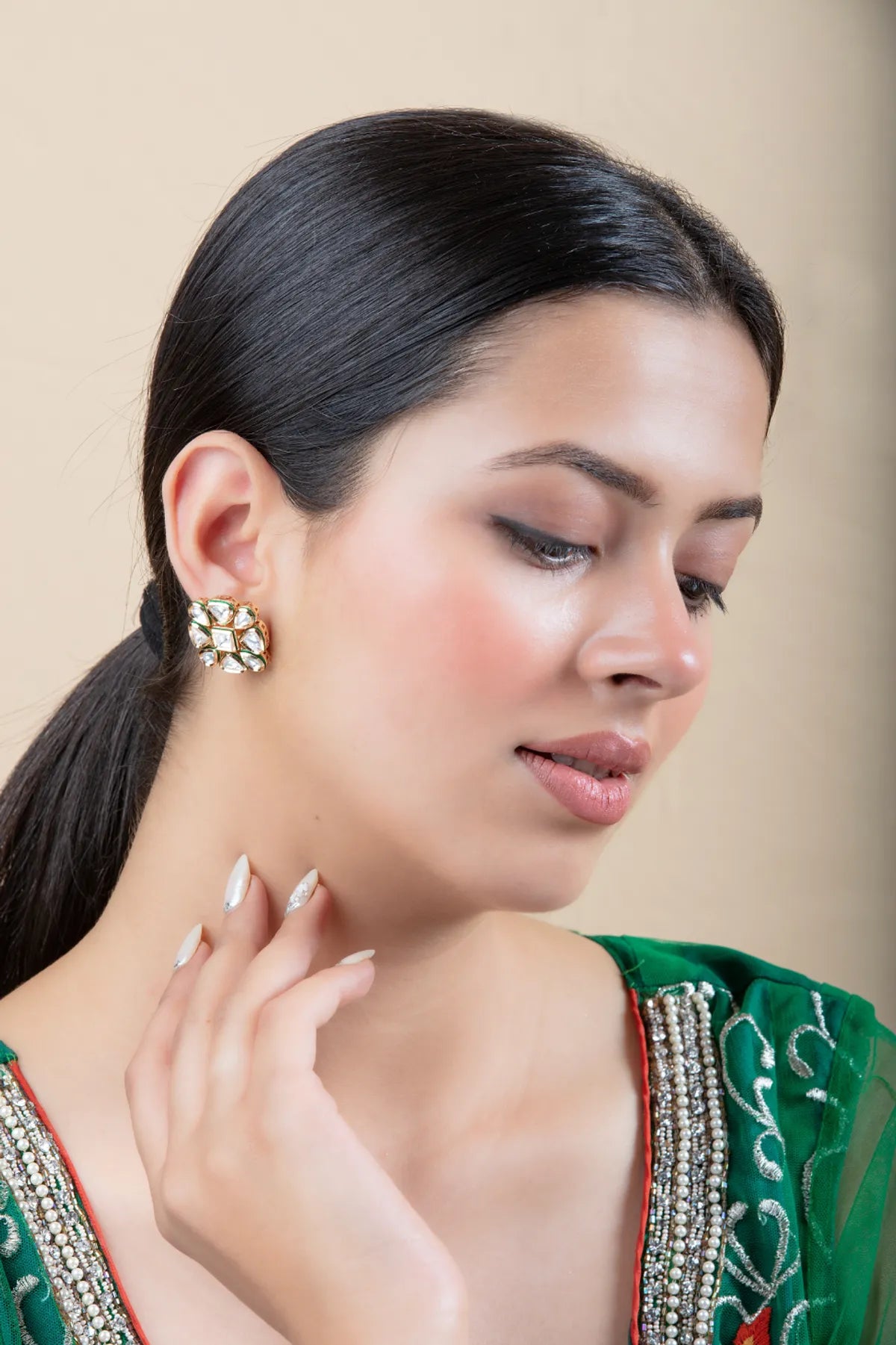 Square Stud Earrings with Kundan Work | Lightweight & Easy to Wear