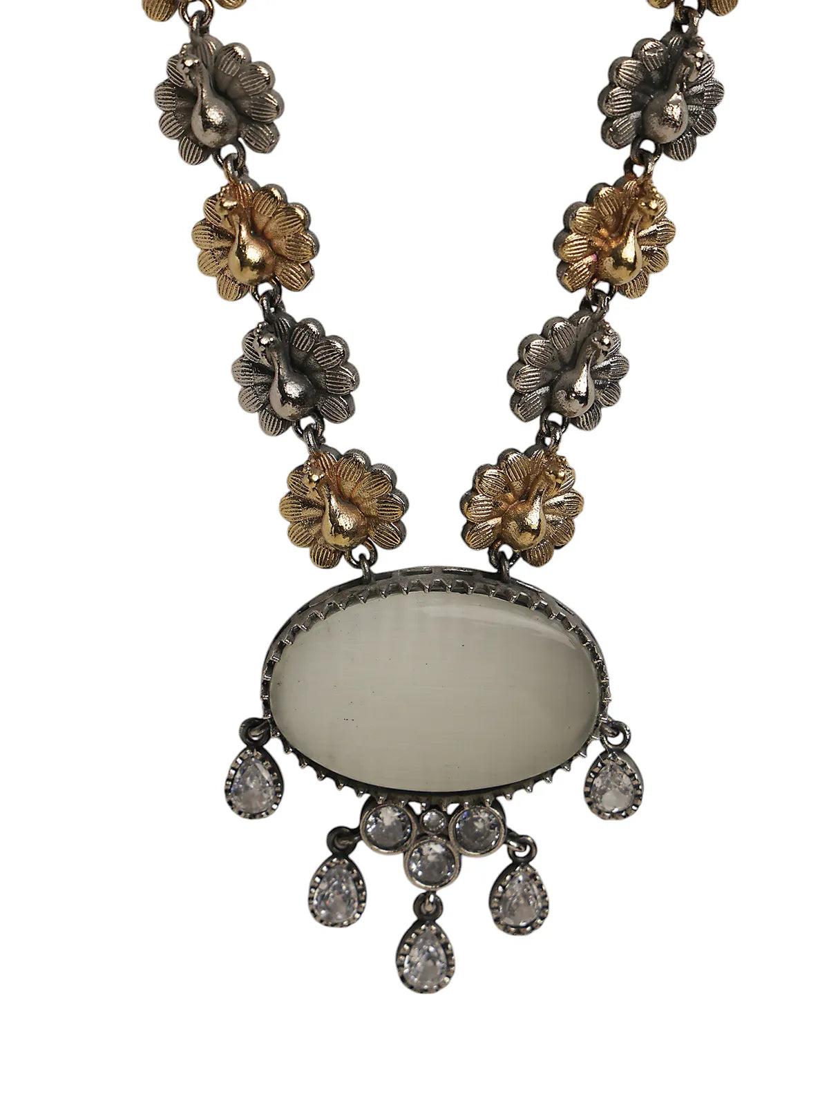 Dual-Tone Floral Necklace Set with White Oval Center & Drop Earrings