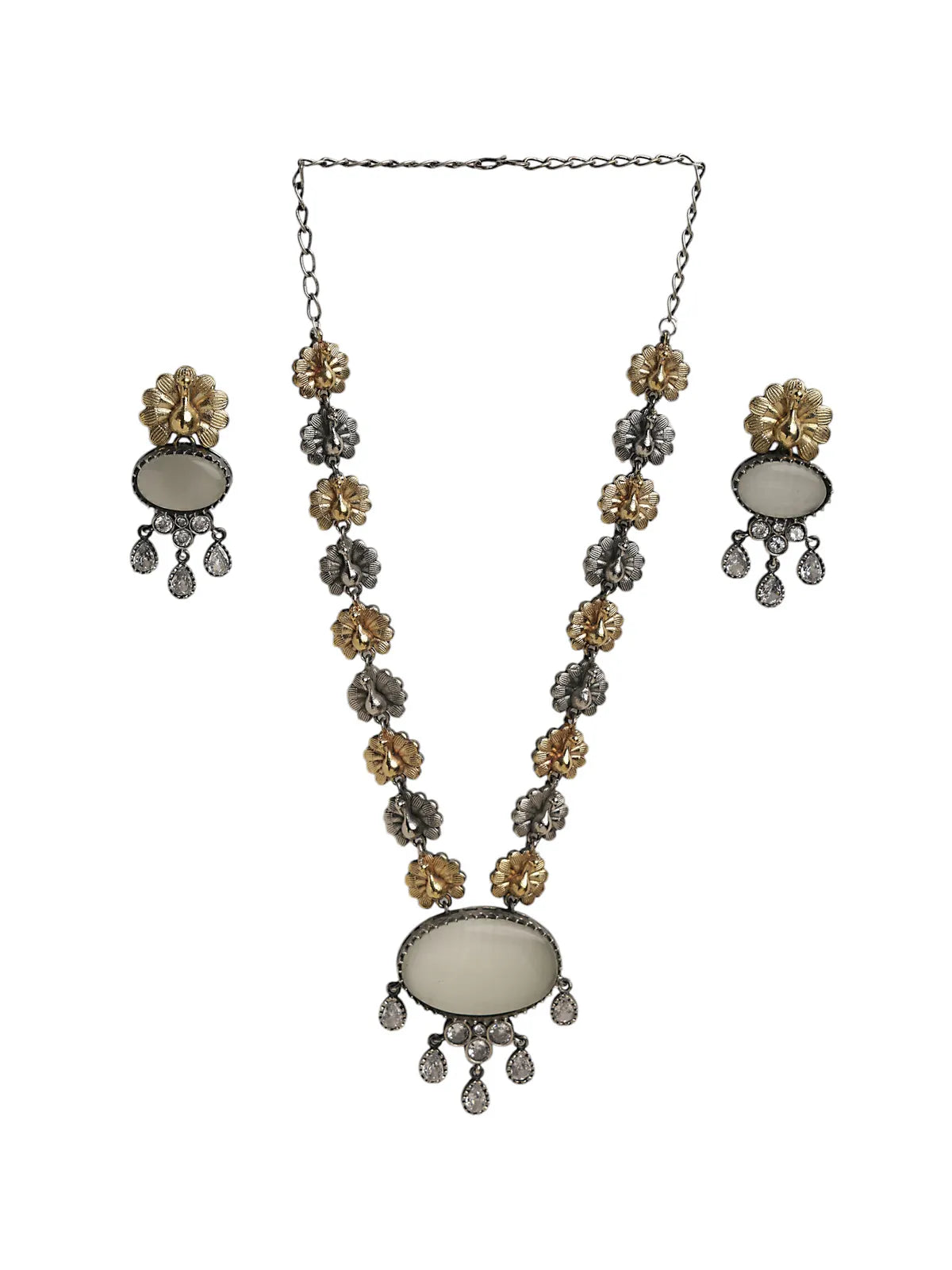 Dual-Tone Floral Necklace Set with White Oval Center & Drop Earrings