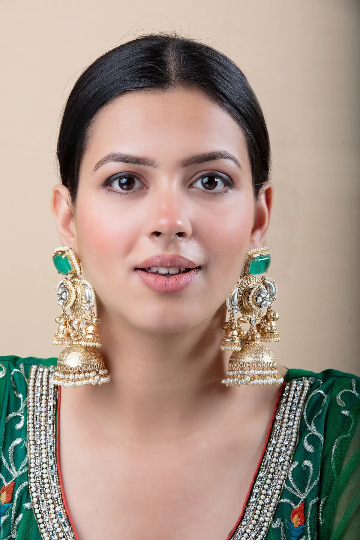 Traditional Long Jhumka Earrings with Parrot Design & Green Stone