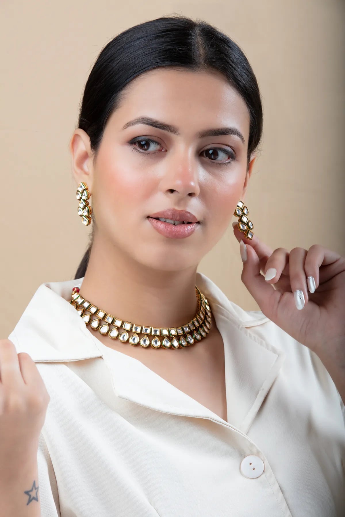 Gold-Tone Choker Necklace Set with Drop Earrings | Traditional Imitation Jewelry