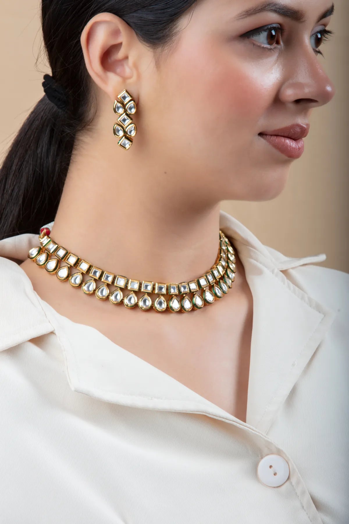 Gold-Tone Choker Necklace Set with Drop Earrings | Traditional Imitation Jewelry