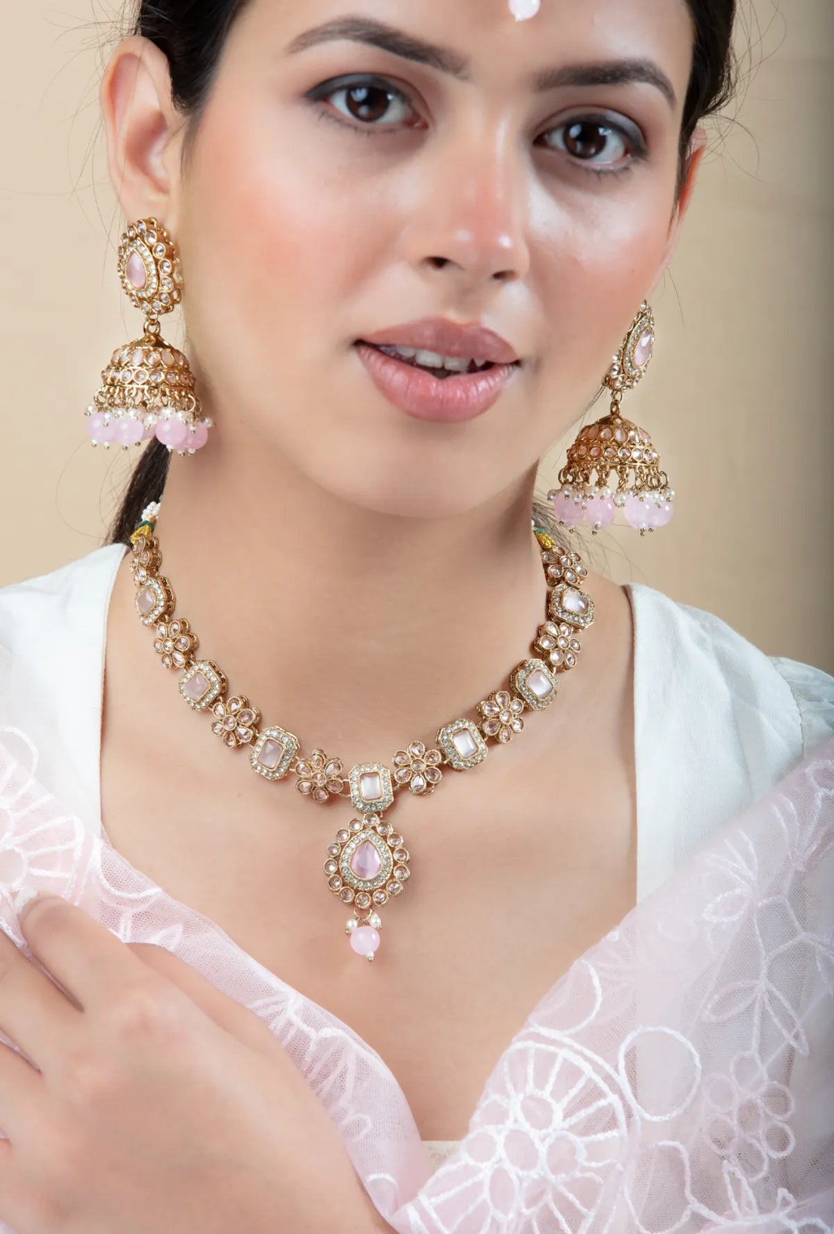 White & Golden Metal Premium Earring & Necklace Set For Women & Girls