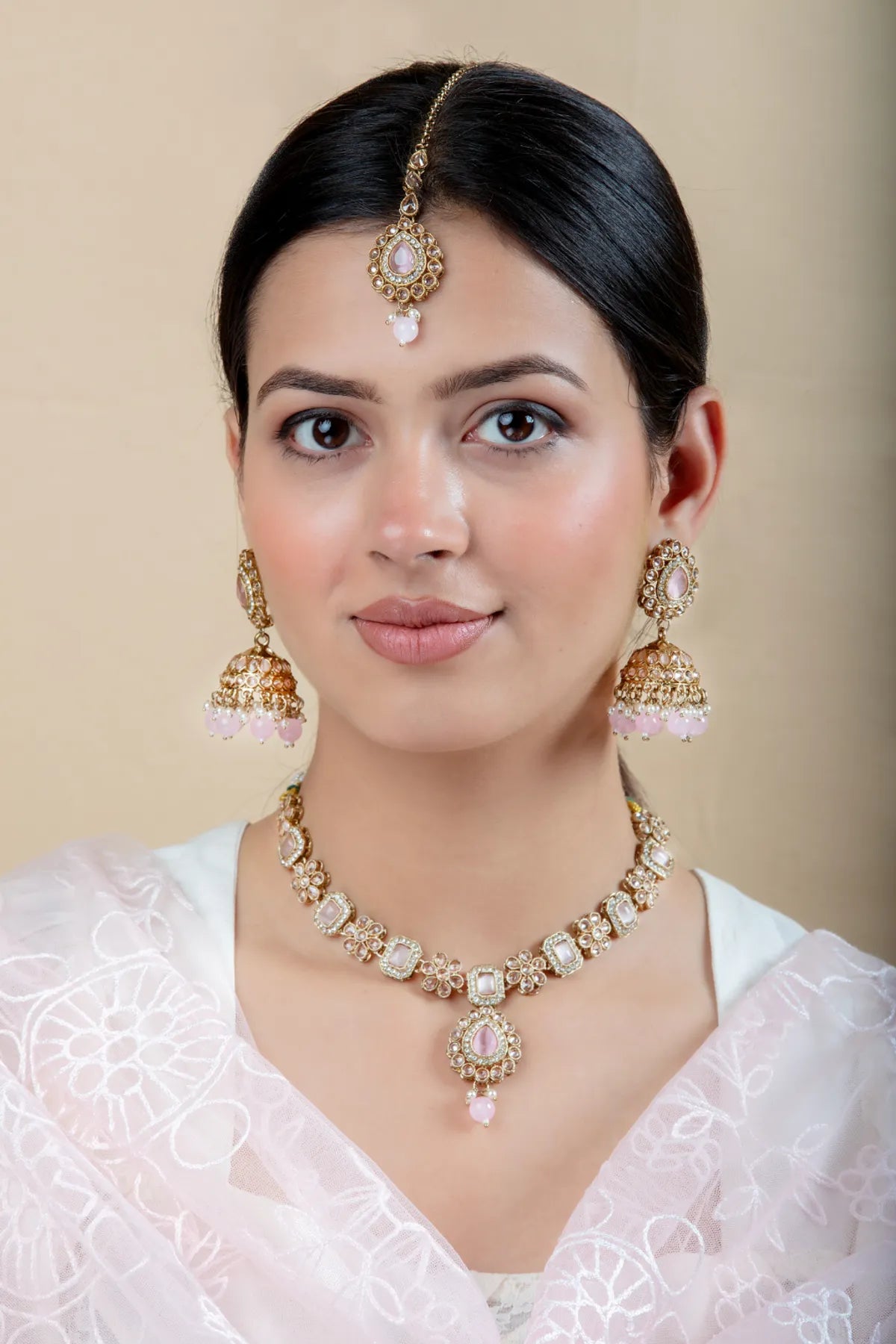White & Golden Metal Premium Earring & Necklace Set For Women & Girls
