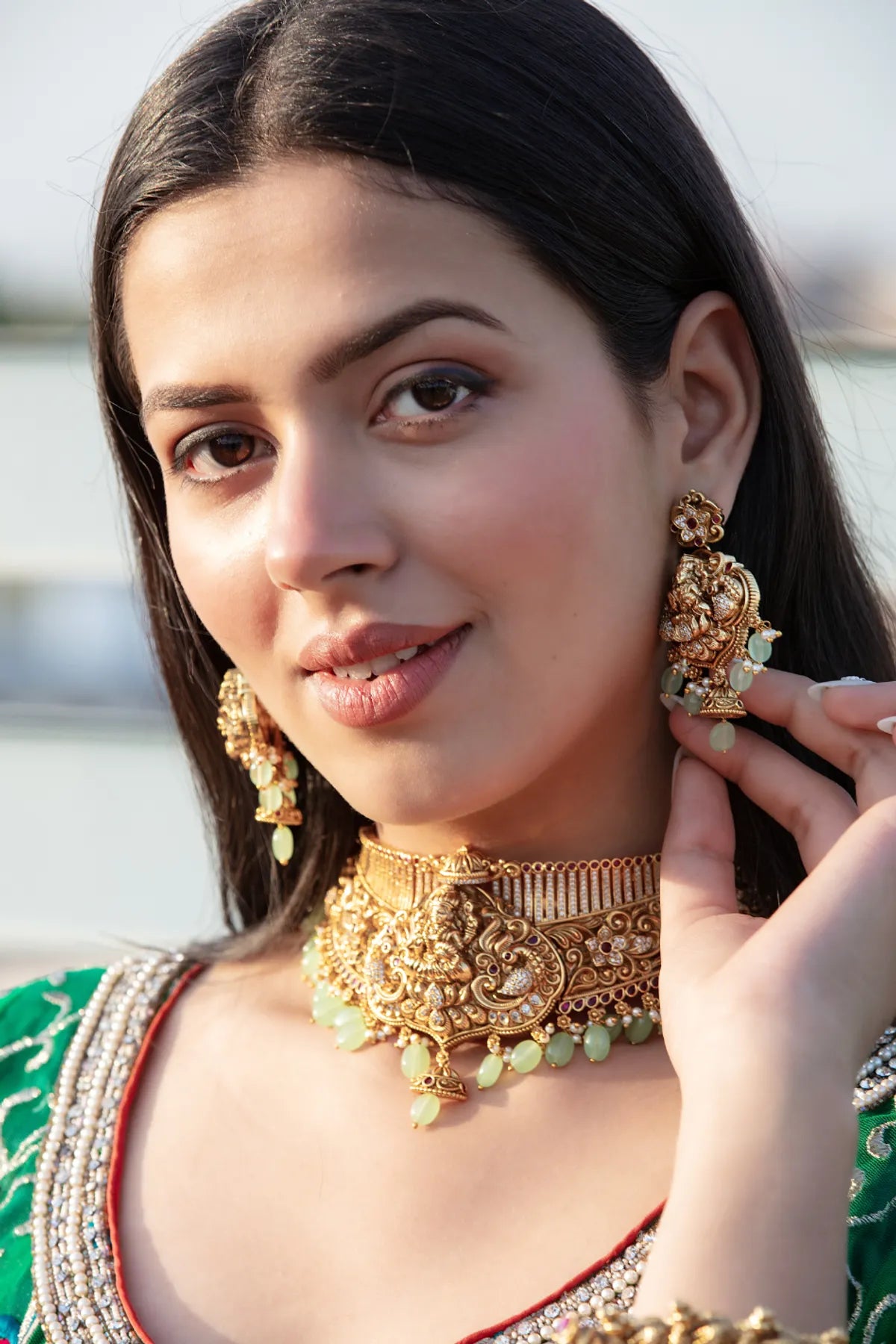 Ganeshji Choker Necklace Set with Green Beads | Antique Bridal Jewelry