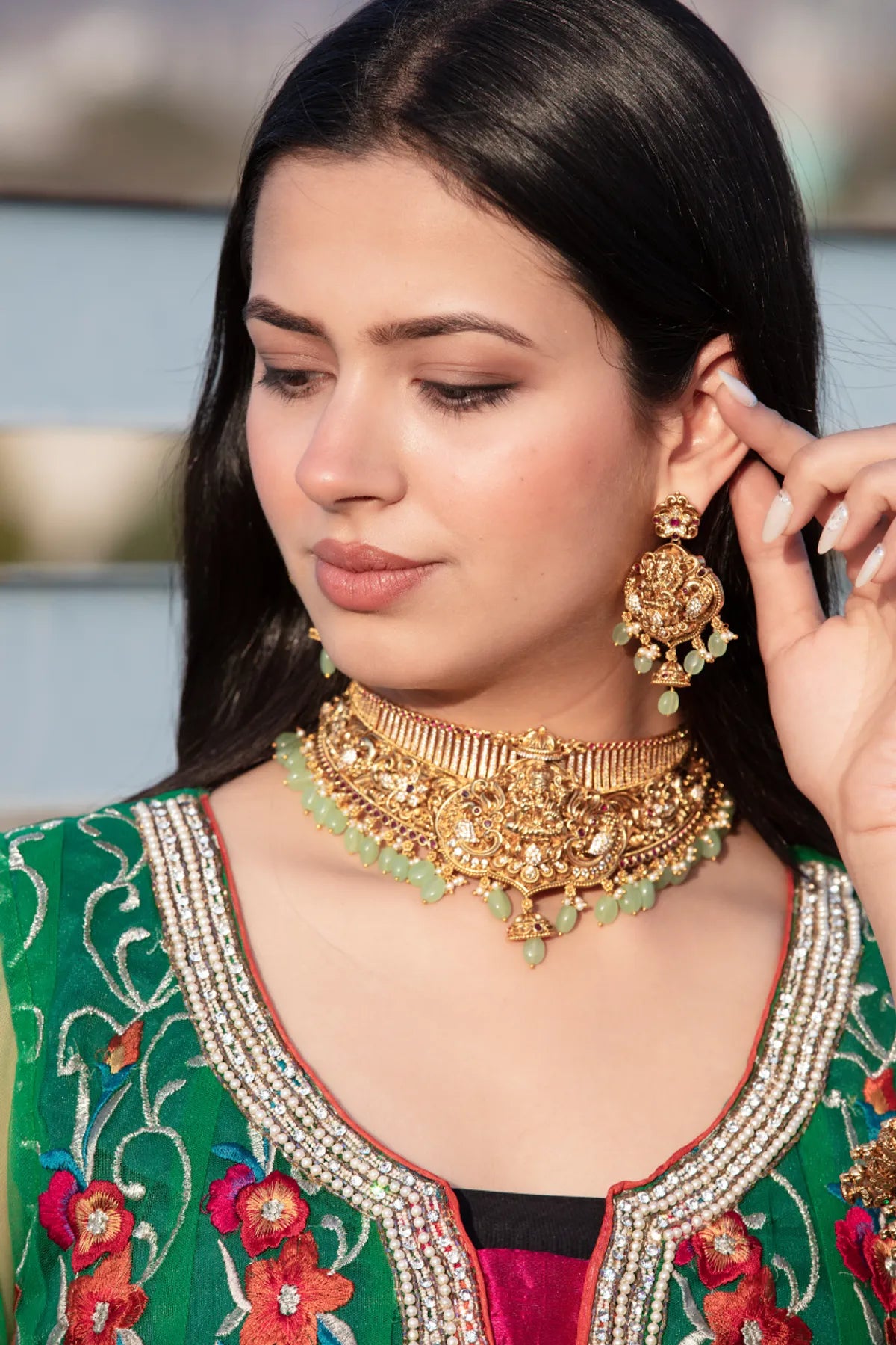 Ganeshji Choker Necklace Set with Green Beads | Antique Bridal Jewelry