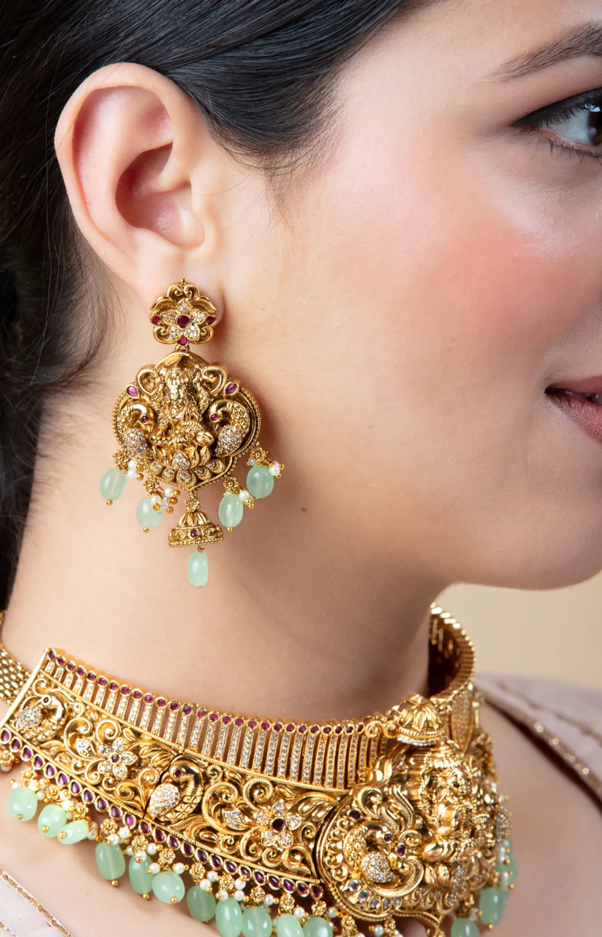 Ganeshji Choker Necklace Set with Green Beads | Antique Bridal Jewelry