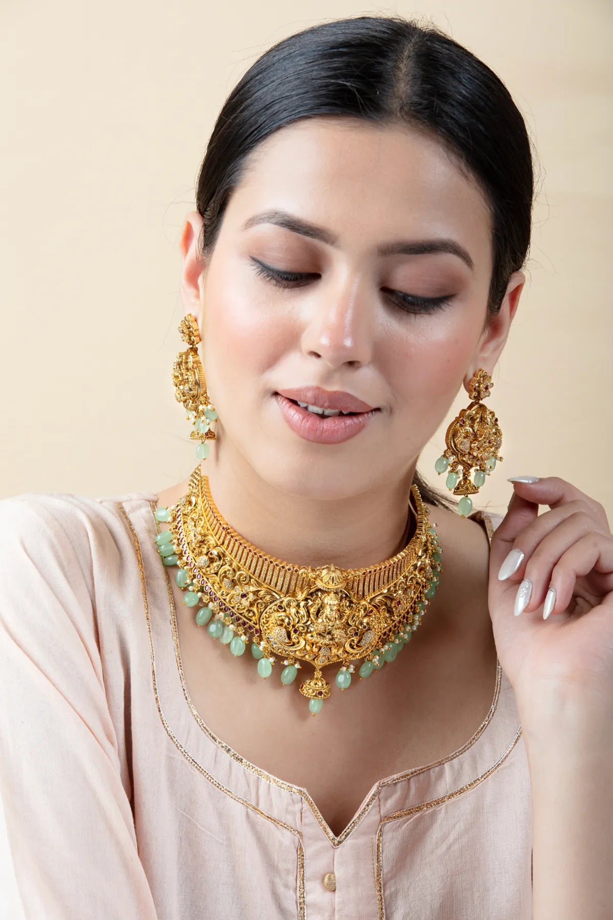 Ganeshji Choker Necklace Set with Green Beads | Antique Bridal Jewelry