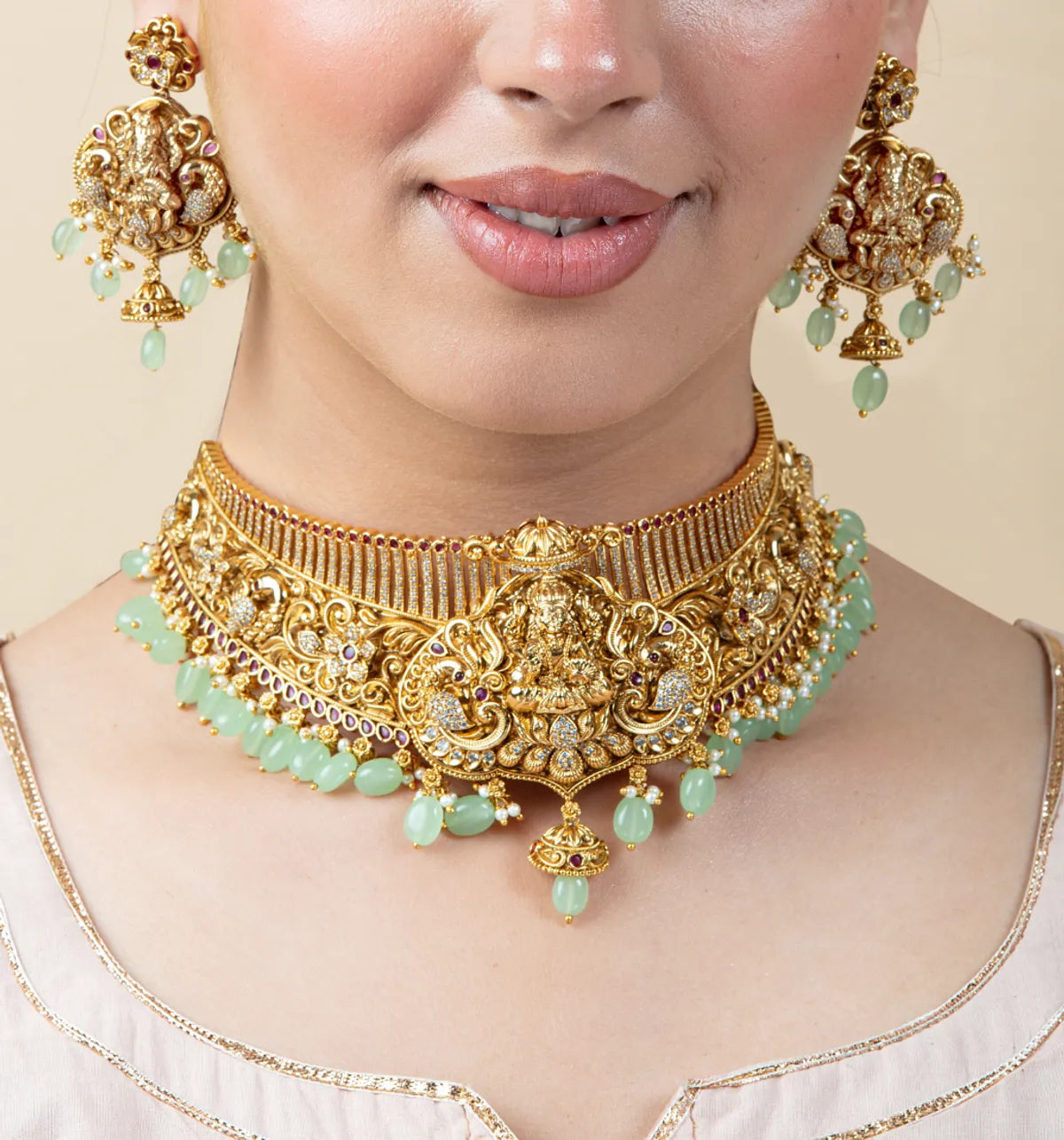Ganeshji Choker Necklace Set with Green Beads | Antique Bridal Jewelry