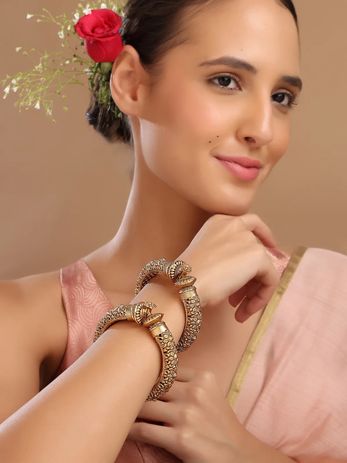 Gold-Toned Kada Bangles with Floral Work and Threaded Texture