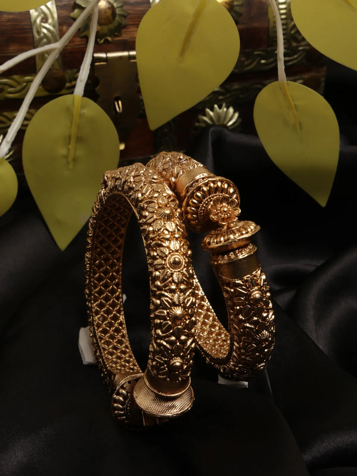 Gold-Toned Kada Bangles with Floral Work and Threaded Texture