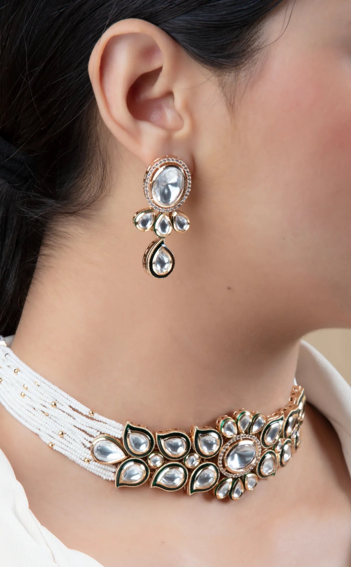 White Beaded Mirror Choker Set with Earrings | Bridal Look