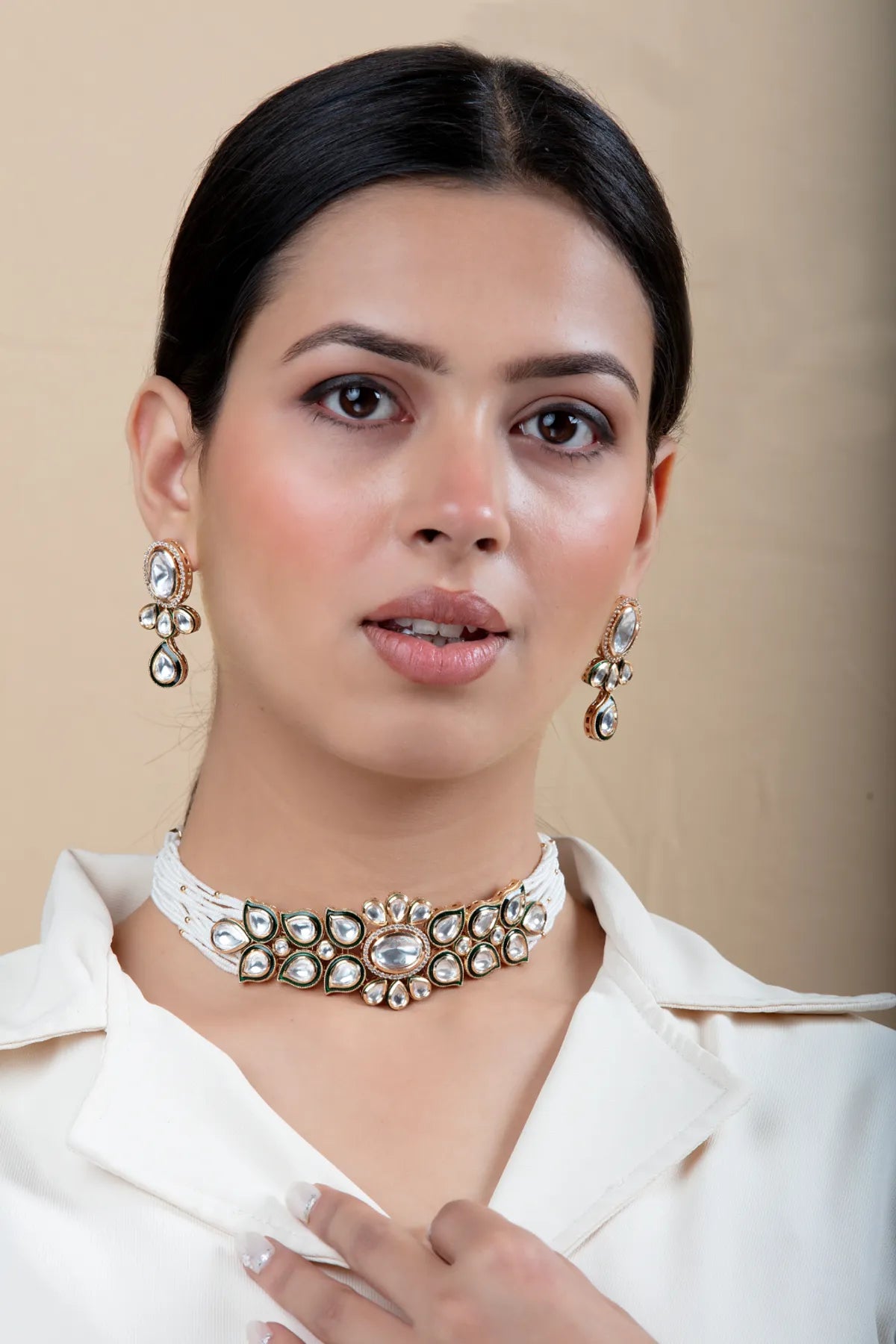 White Beaded Mirror Choker Set with Earrings | Bridal Look