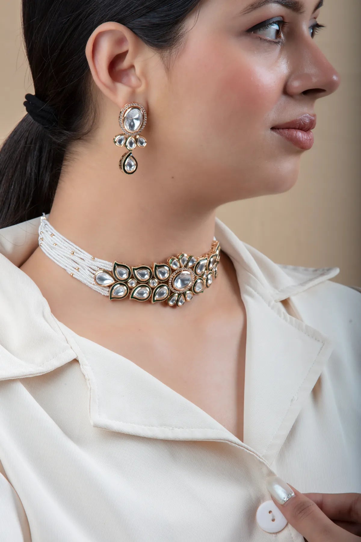 White Beaded Mirror Choker Set with Earrings | Bridal Look