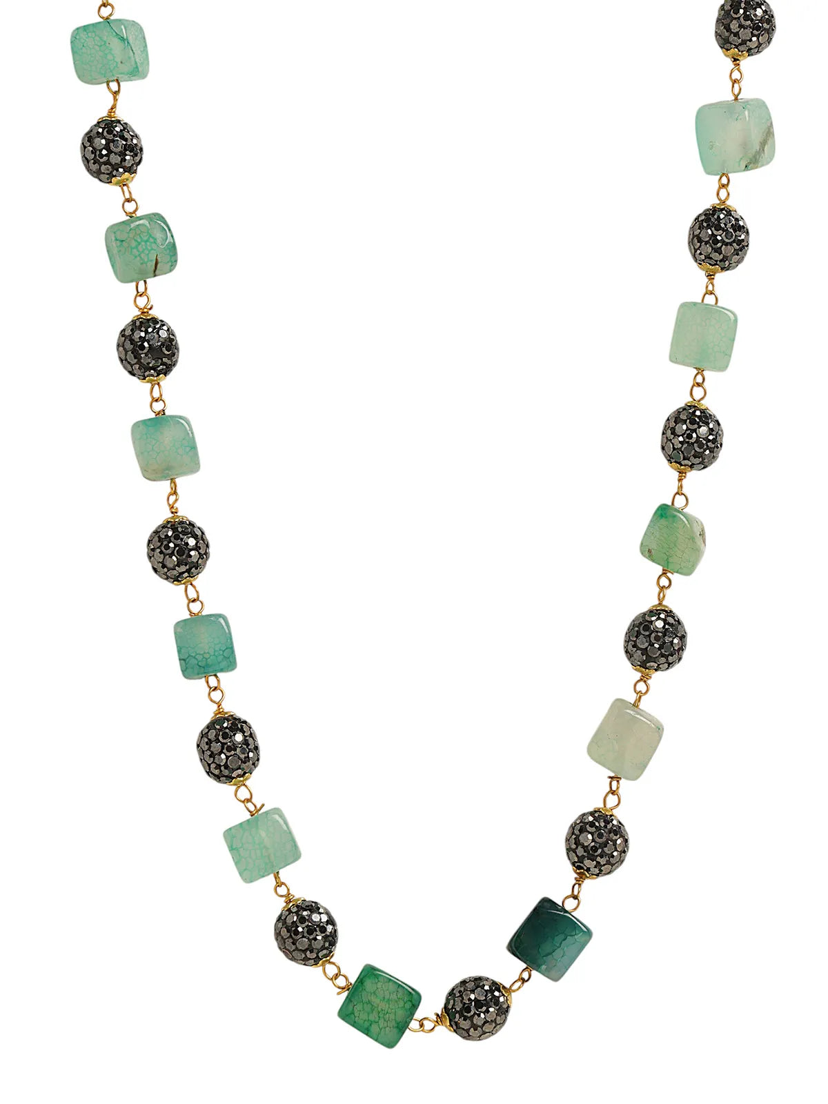 Green and Black Beaded Long Necklace with Matching Earrings