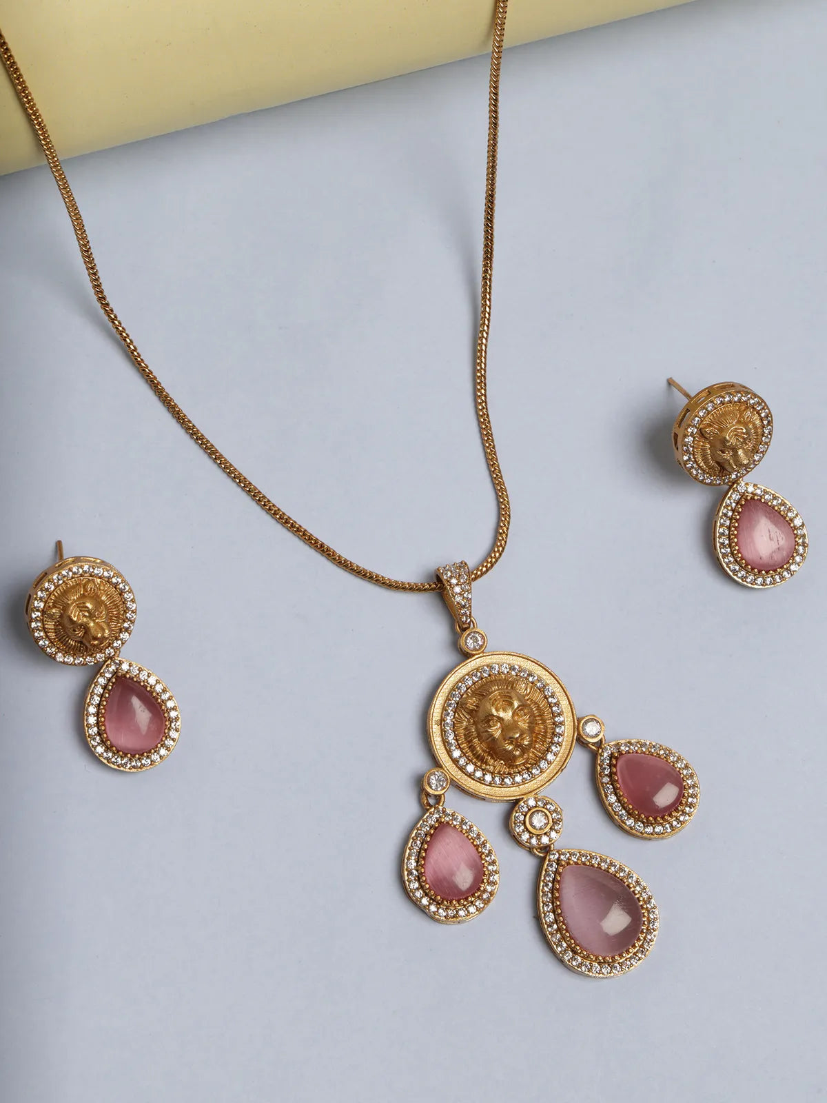 Lion Design Gold-Tone Pendant Set with Pink Teardrop Stones