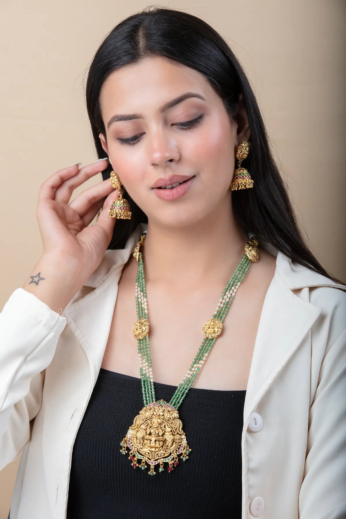 Temple Style Long Necklace Set with Green Beads & Jhumka Earrings