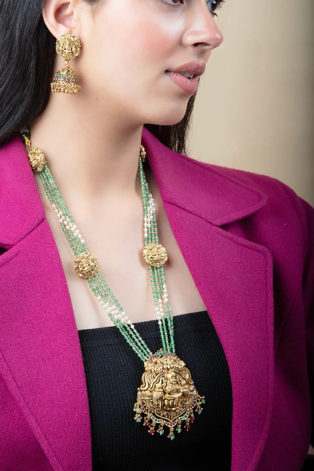Temple Style Long Necklace Set with Green Beads & Jhumka Earrings