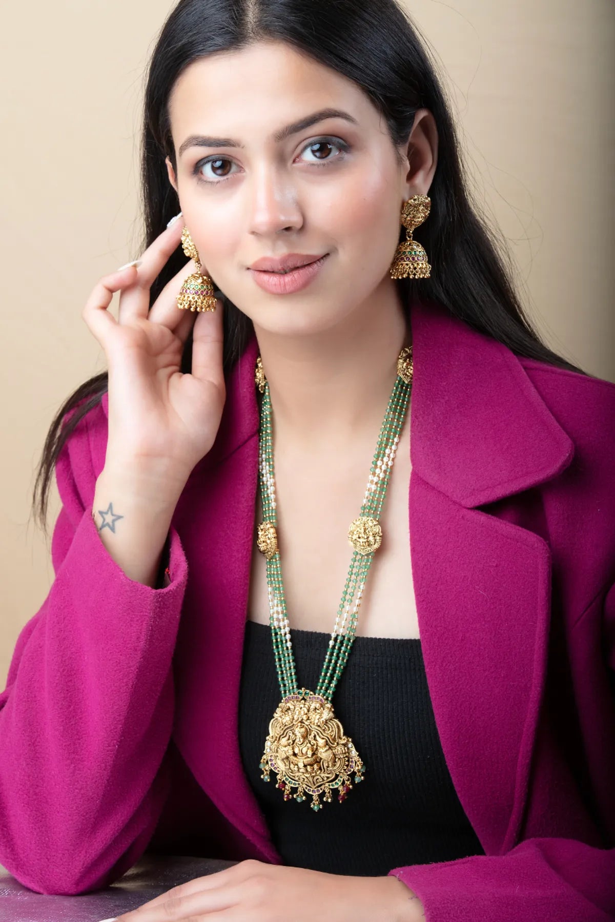 Temple Style Long Necklace Set with Green Beads & Jhumka Earrings