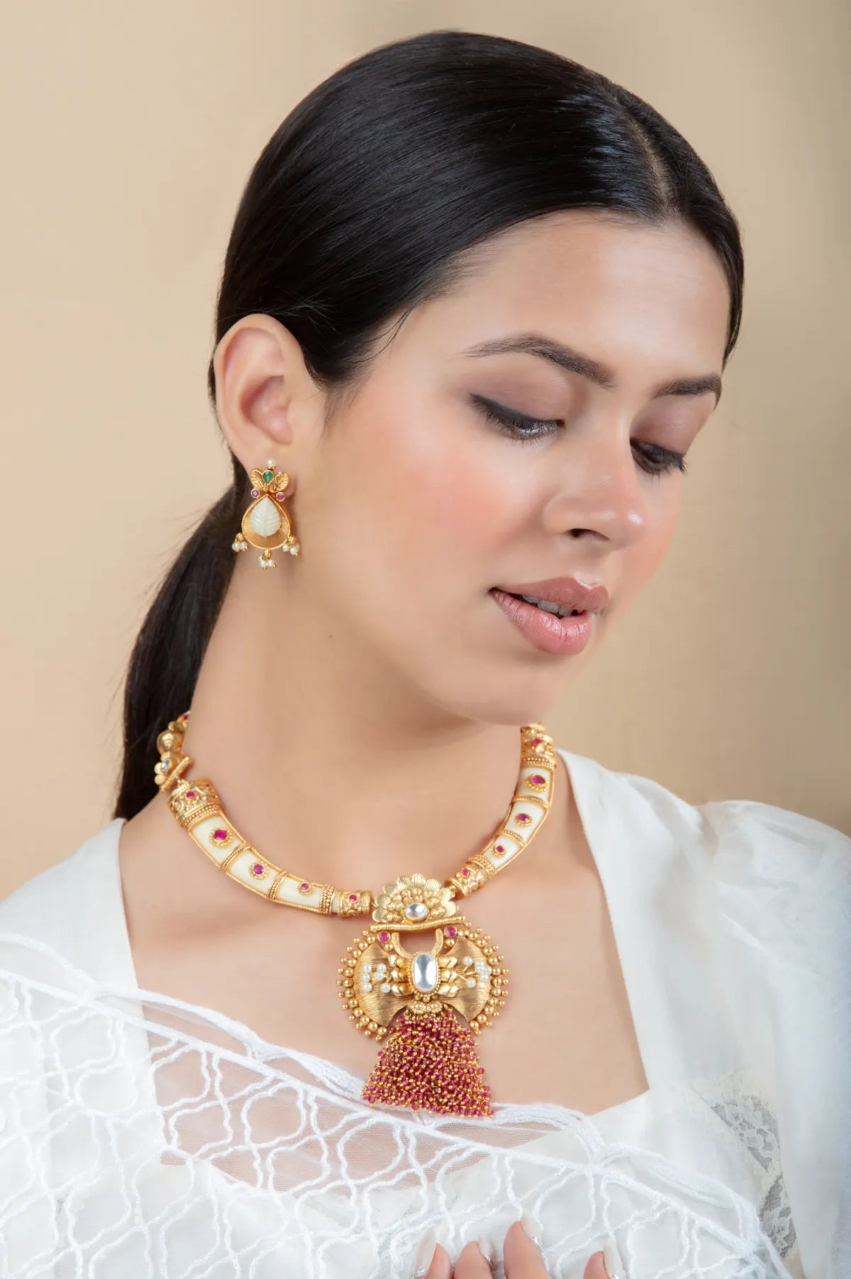 White Enamel Beaded Necklace Set with Tassel Pendant & Leaf Earrings