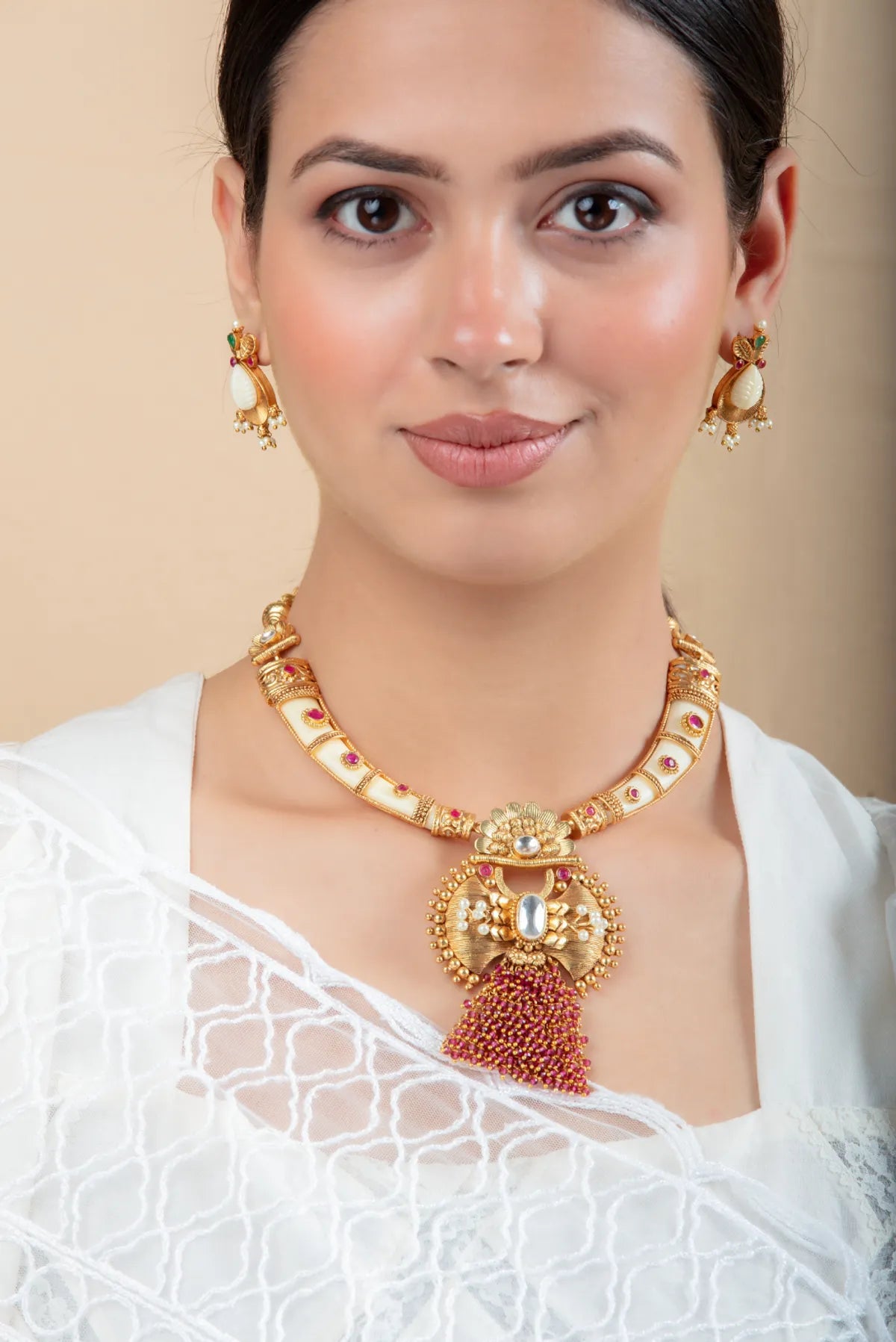 White Enamel Beaded Necklace Set with Tassel Pendant & Leaf Earrings