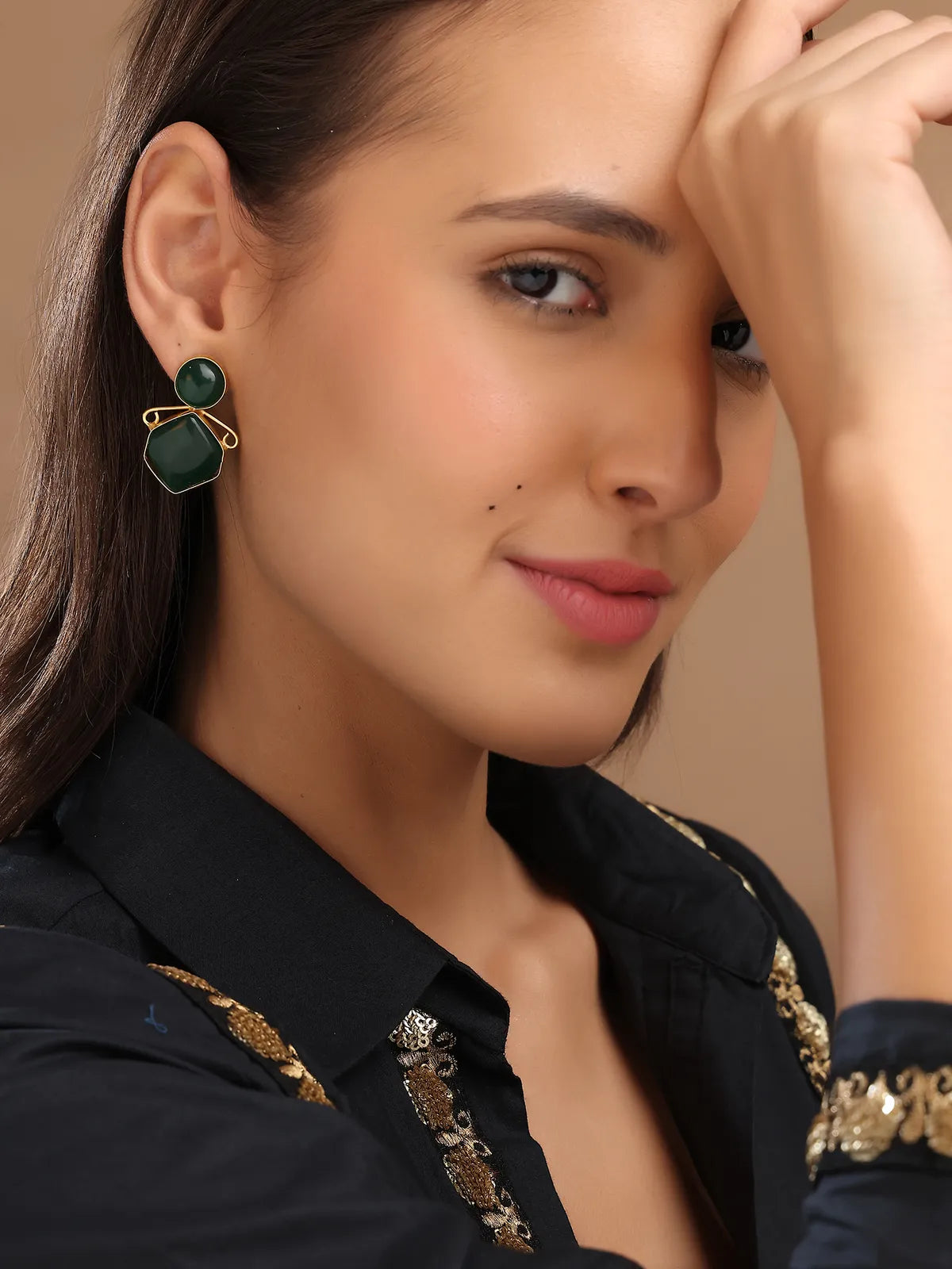 Green Geometric Stud Earrings with Gold Outline | Bold Daily Wear