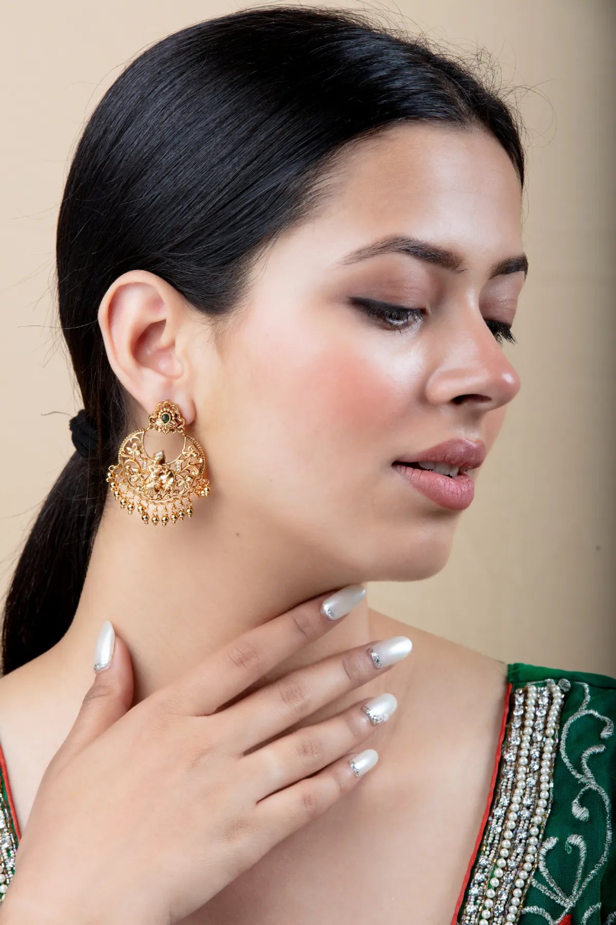 Gold Krishna Jhumka Earrings with Beads | Festive & Lightweight