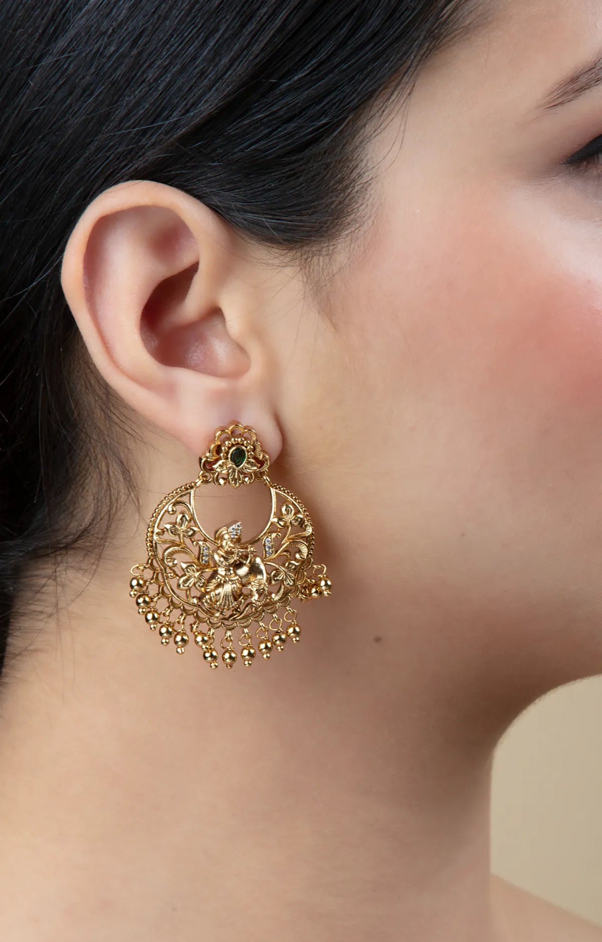Gold Krishna Jhumka Earrings with Beads | Festive & Lightweight