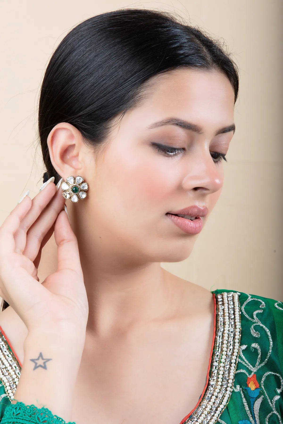 Gold Floral Stud Earrings with Green Center & White Stones | Light & Versatile Wear