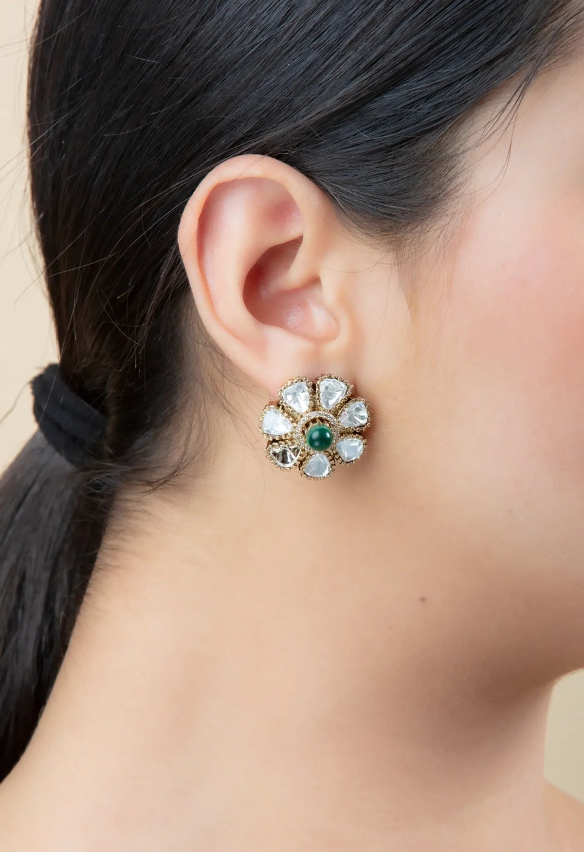 Gold Floral Stud Earrings with Green Center & White Stones | Light & Versatile Wear