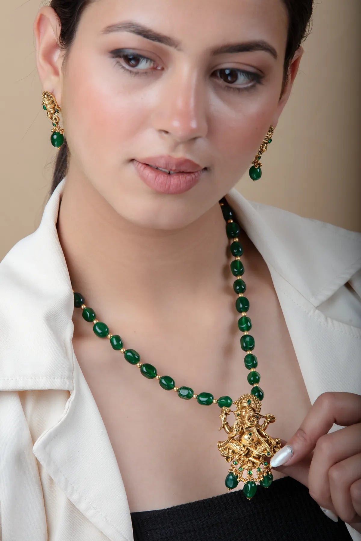 Green Beaded Ganesh Pendant Set with Earrings | Temple Jewelry in Gold Finish