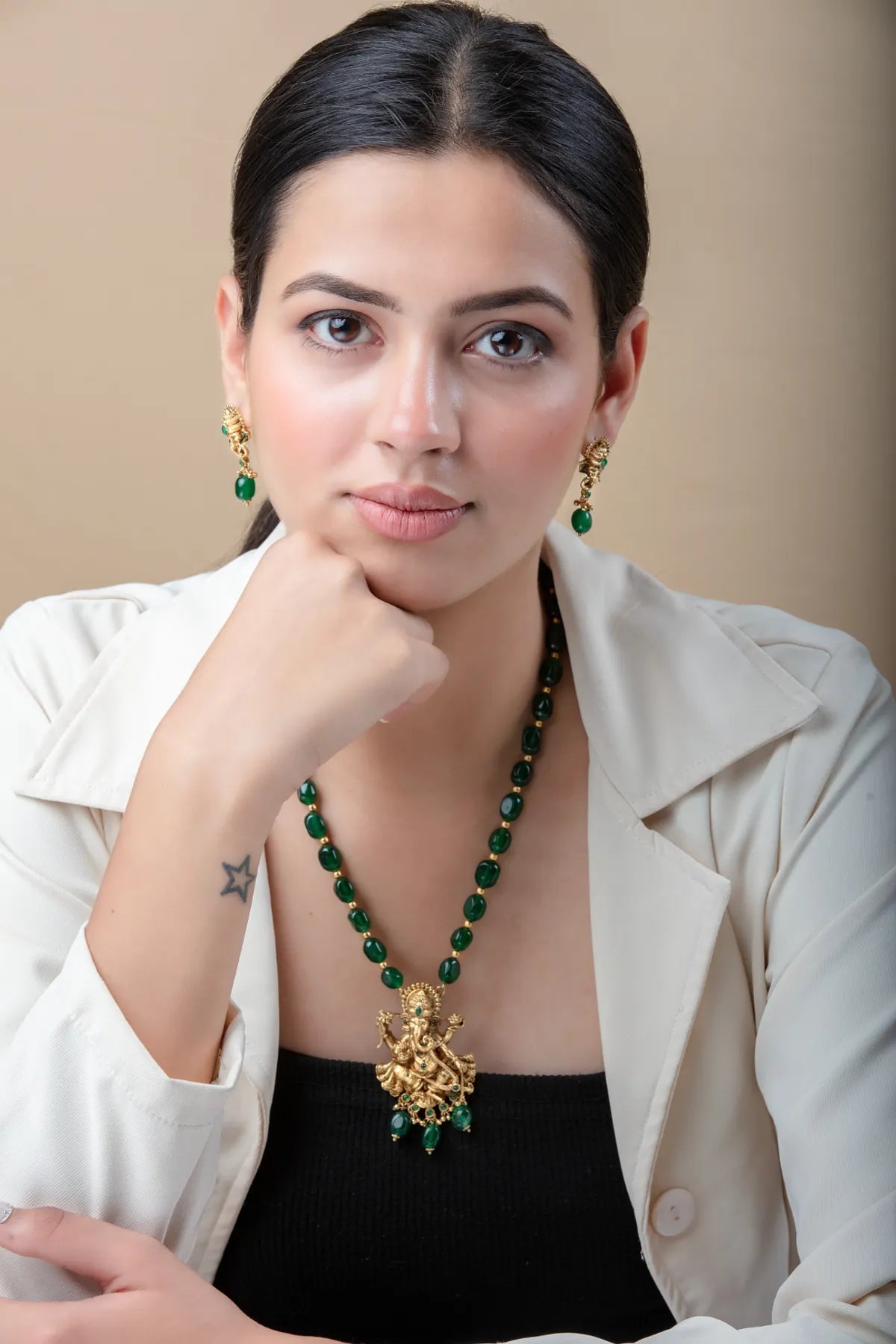 Green Beaded Ganesh Pendant Set with Earrings | Temple Jewelry in Gold Finish