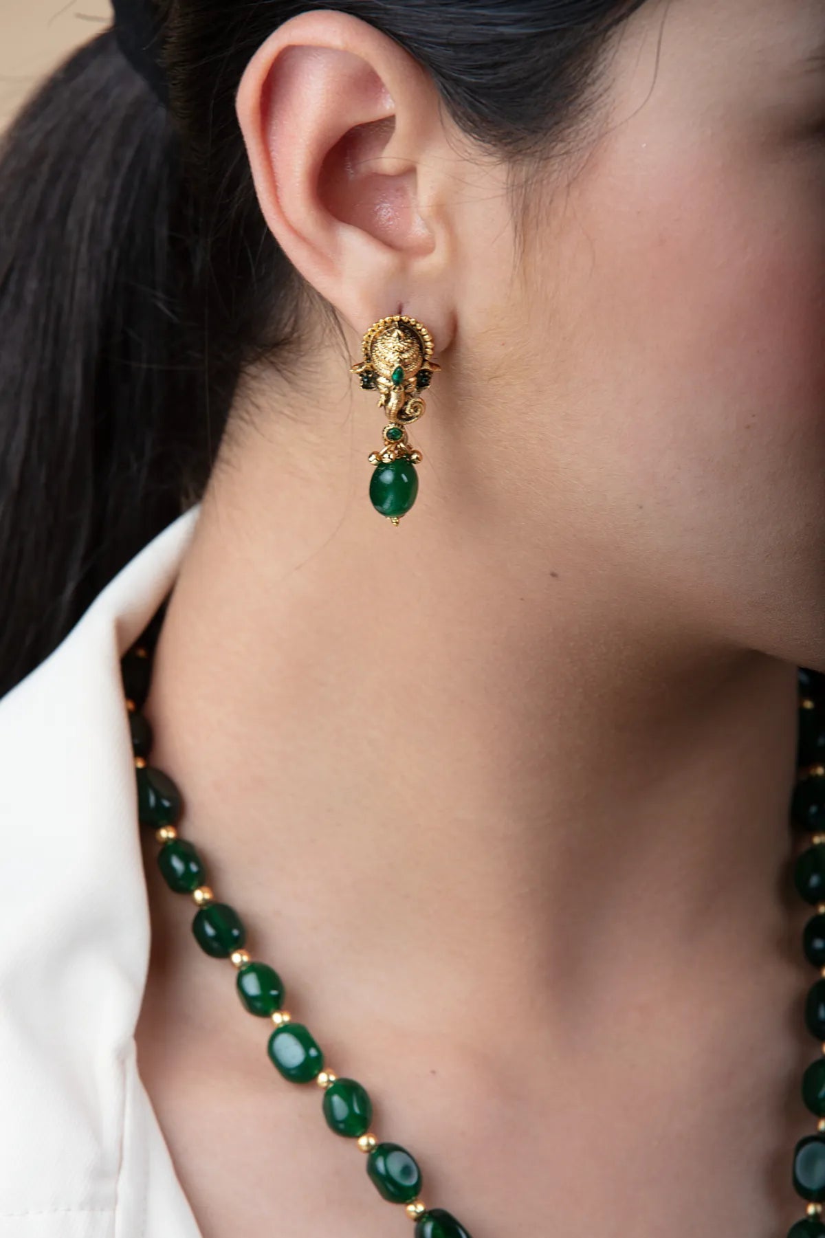 Green Beaded Ganesh Pendant Set with Earrings | Temple Jewelry in Gold Finish