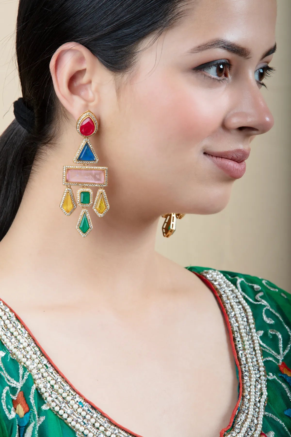 Multicolor Geometric Drop Earrings | Gold Finish, Festive Comfort