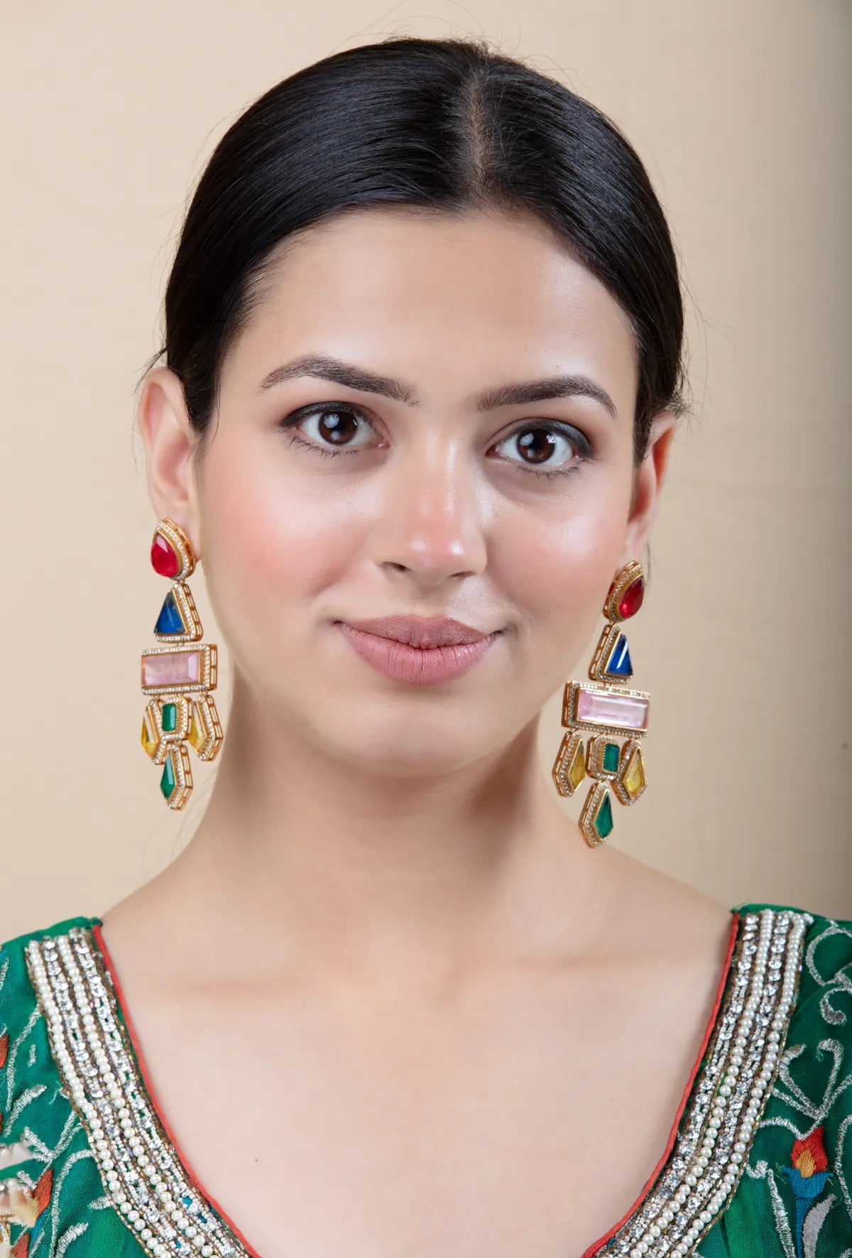Multicolor Geometric Drop Earrings | Gold Finish, Festive Comfort