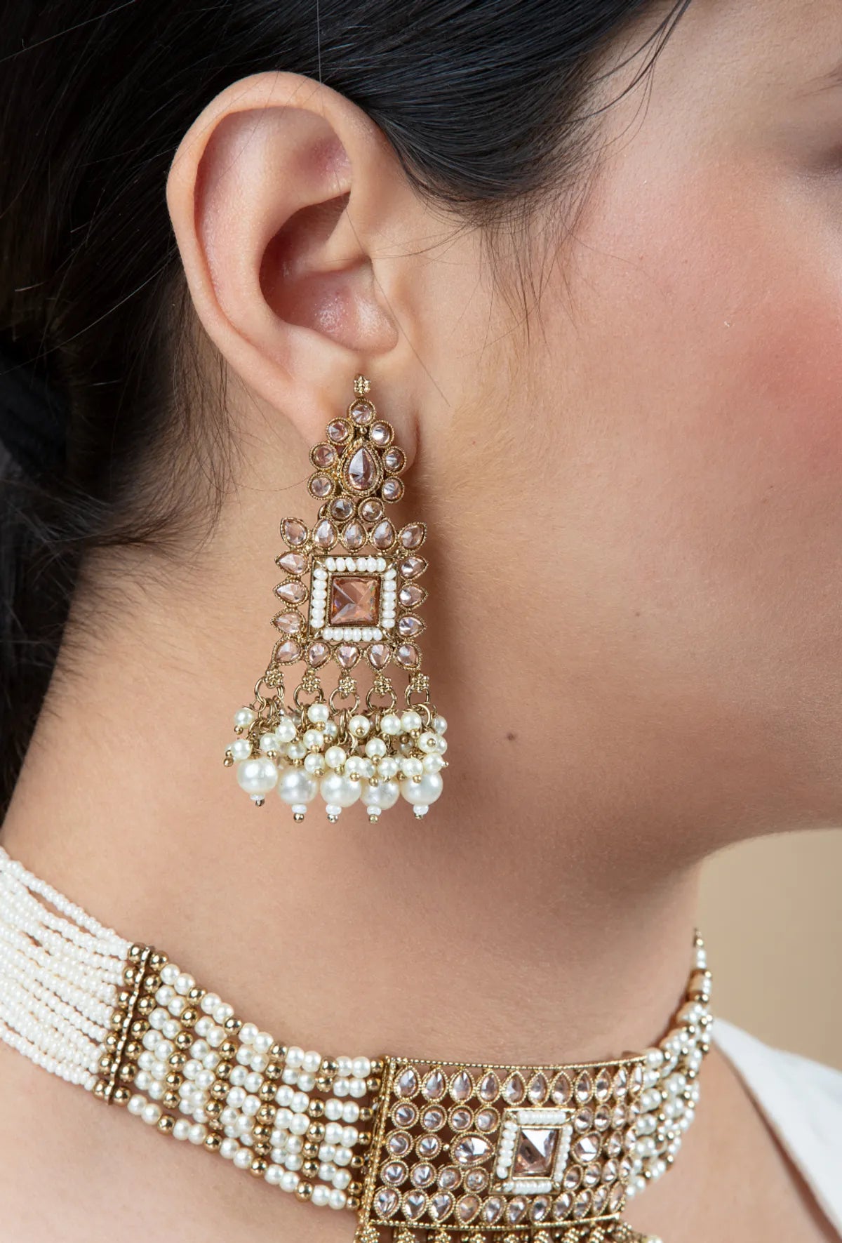 White & Pink Metal Necklace and Earrings Set for Women & Girls