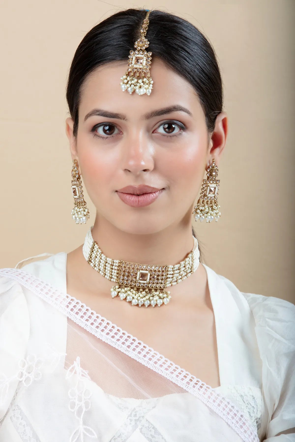 White & Pink Metal Necklace and Earrings Set for Women & Girls