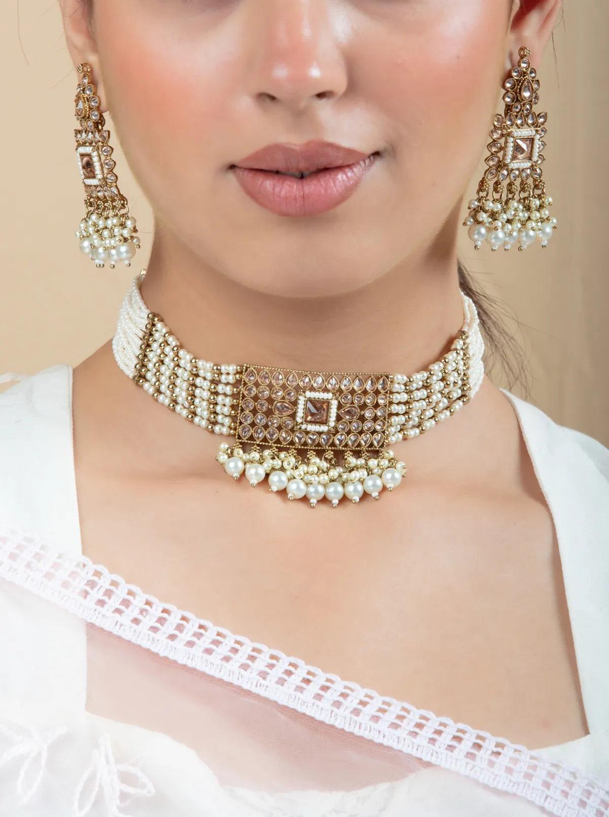 White & Pink Metal Necklace and Earrings Set for Women & Girls