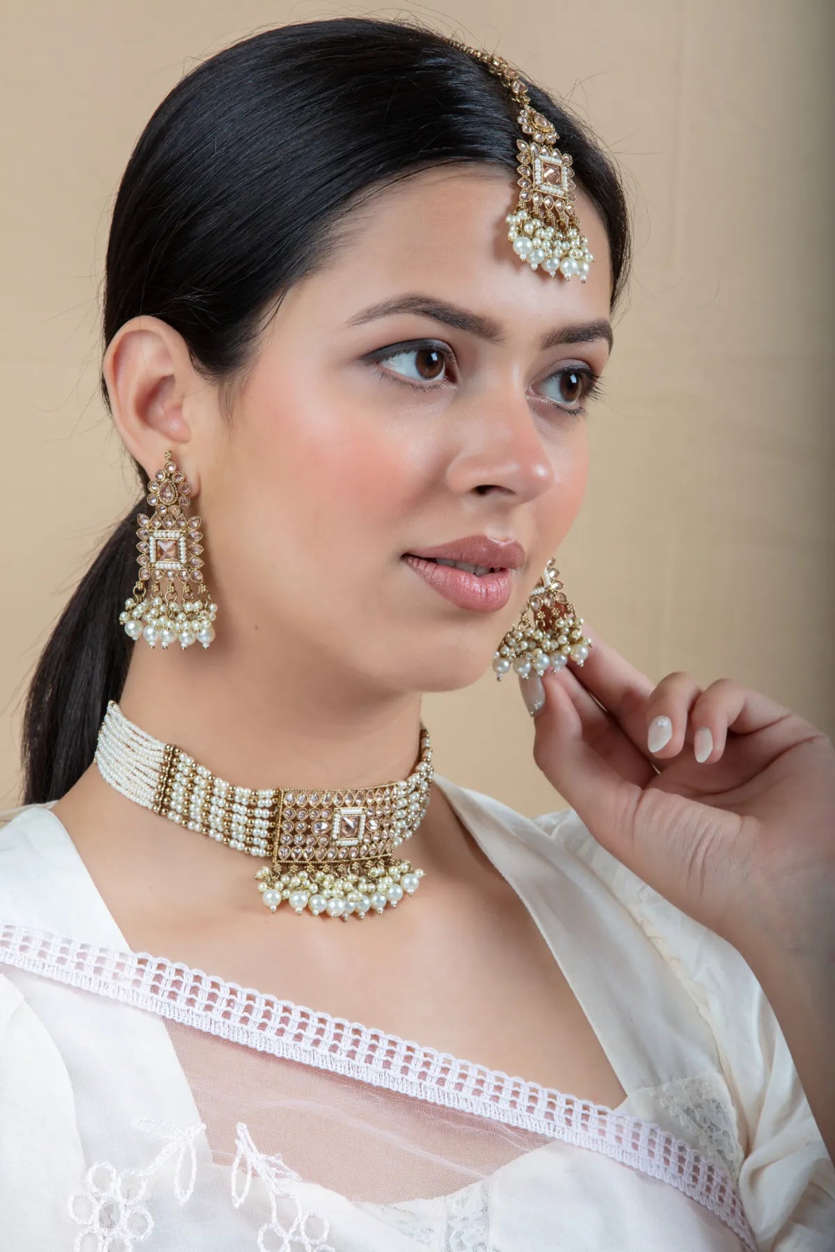 White & Pink Metal Necklace and Earrings Set for Women & Girls