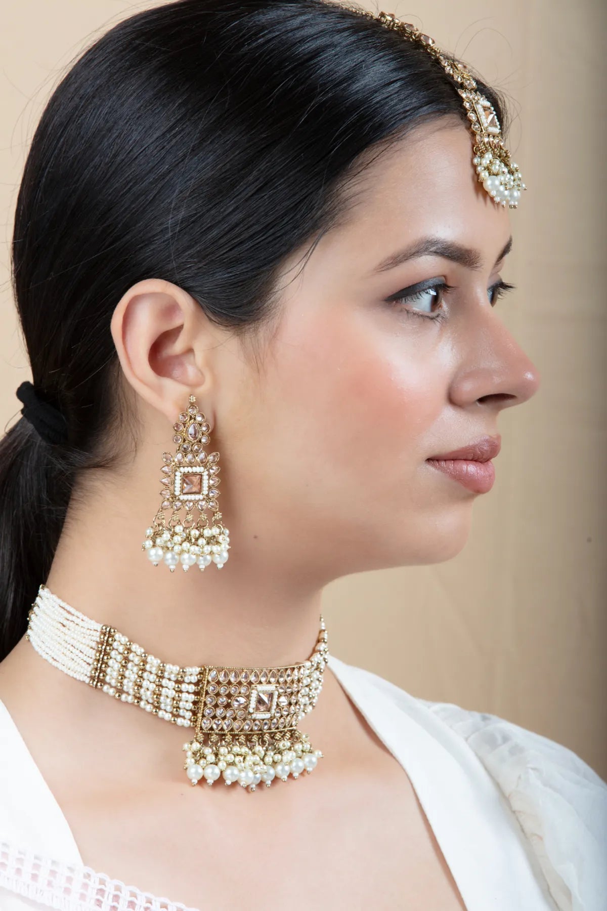 White & Pink Metal Necklace and Earrings Set for Women & Girls