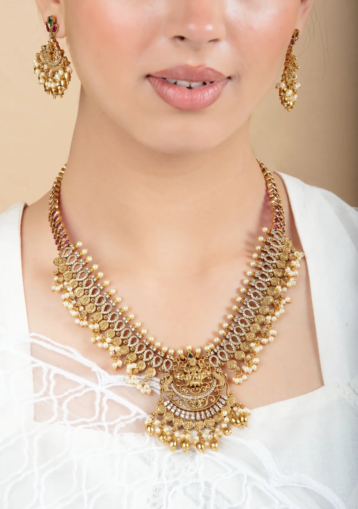 Gold Coin Necklace Set with Pearl Drops & Earrings | Wedding Jewelry