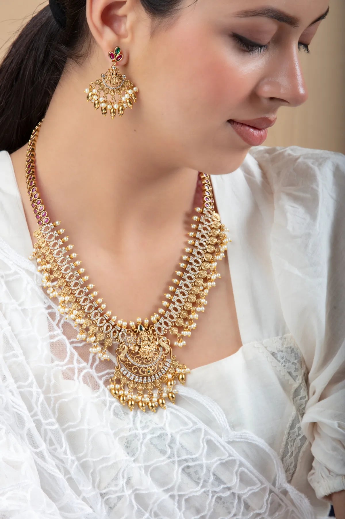 Gold Coin Necklace Set with Pearl Drops & Earrings | Wedding Jewelry