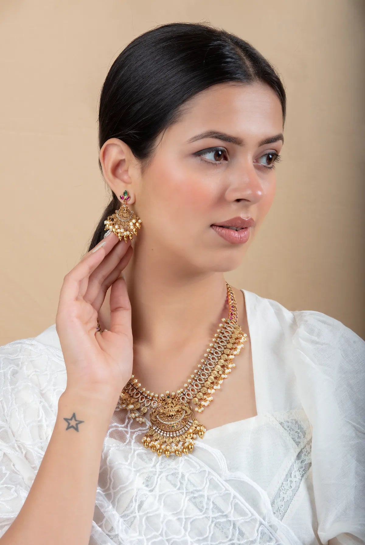 Gold Coin Necklace Set with Pearl Drops & Earrings | Wedding Jewelry