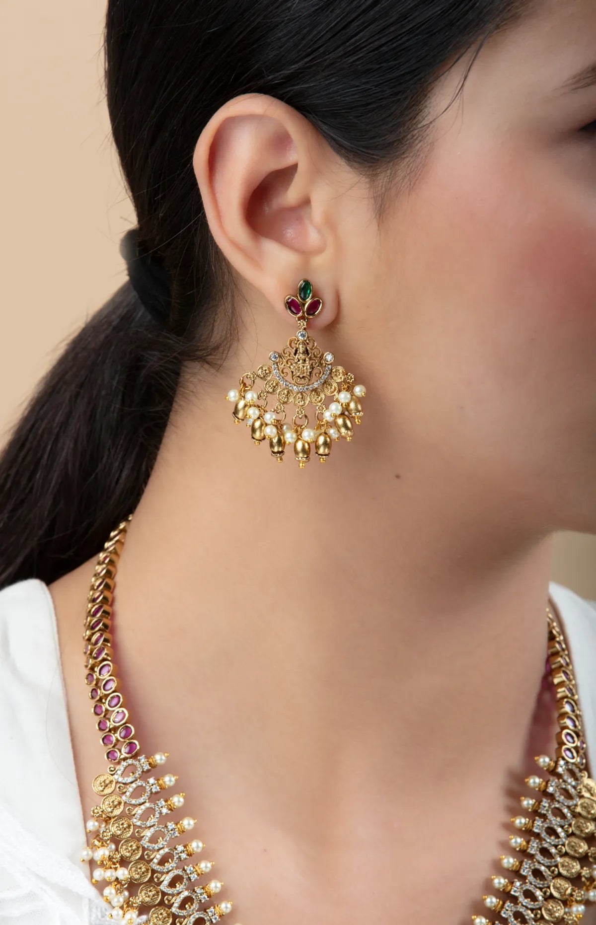 Gold Coin Necklace Set with Pearl Drops & Earrings | Wedding Jewelry