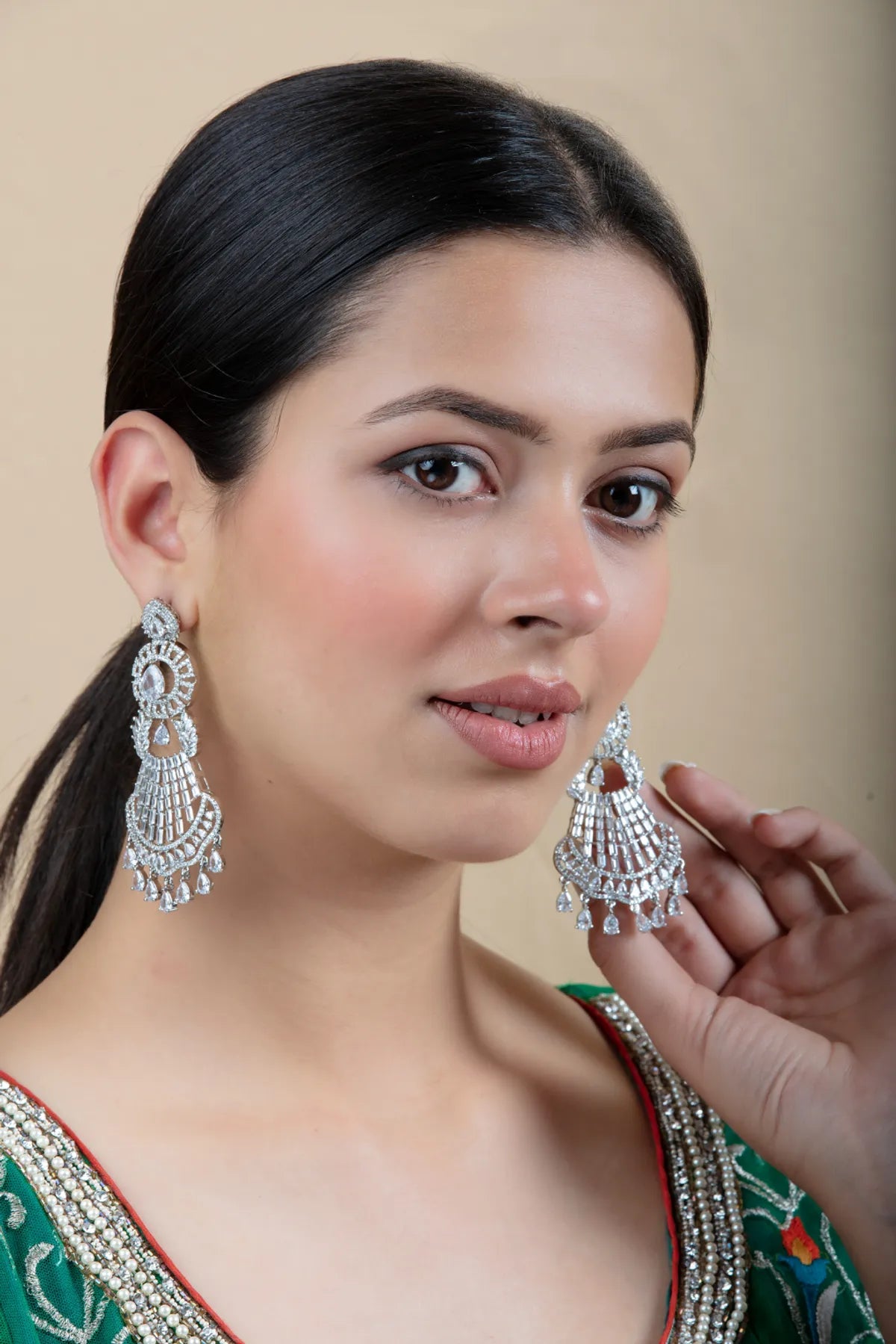Green Drop Earrings with Multicolor Center & Gold Border | Lightweight Wear
