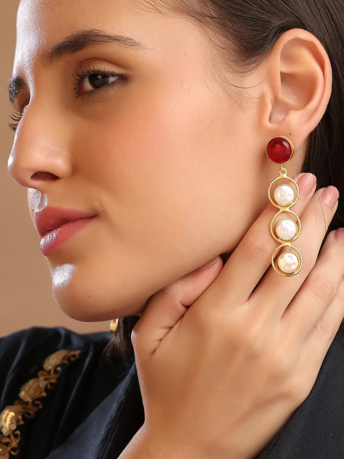 Red & Pearl Drop Earrings with Gold Finish | Daily & Festive Wear